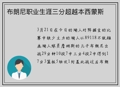 布朗尼职业生涯三分超越本西蒙斯