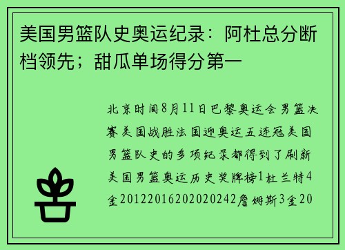 美国男篮队史奥运纪录：阿杜总分断档领先；甜瓜单场得分第一